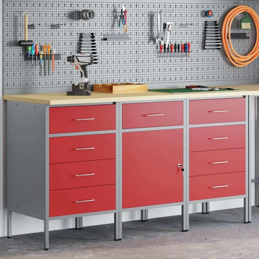 vidaXL Armario de trabajo con cajón 3 pcs y Gris 150 x 55 x 85 cm Rojo Clearance