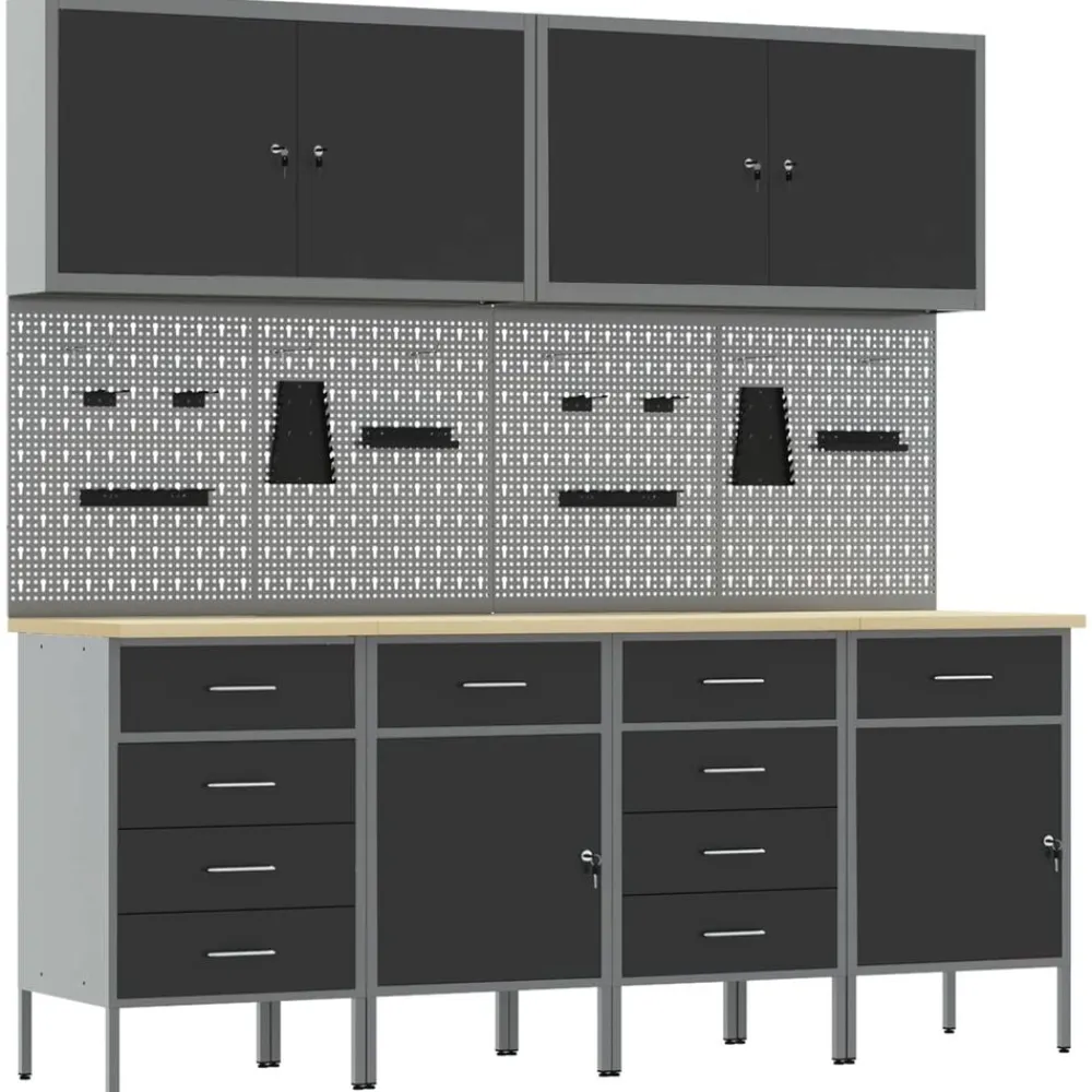 vidaXL Armario de trabajo 10 pcs Madera Ingenierizada y Acero Negro Hot