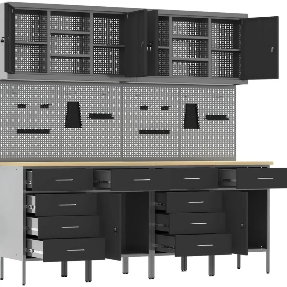 vidaXL Armario de trabajo 10 pcs Madera Ingenierizada y Acero Negro Hot