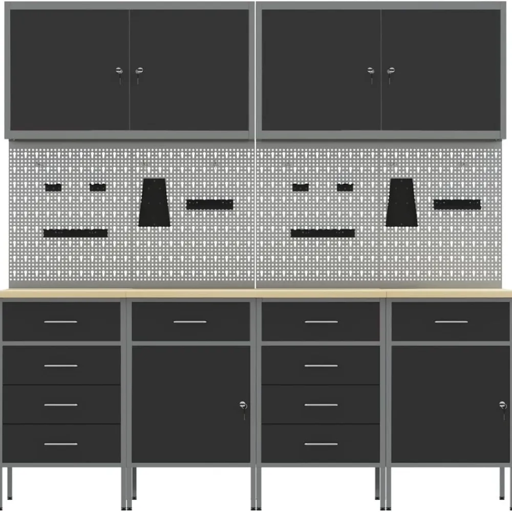 vidaXL Armario de trabajo 10 pcs Madera Ingenierizada y Acero Negro Hot