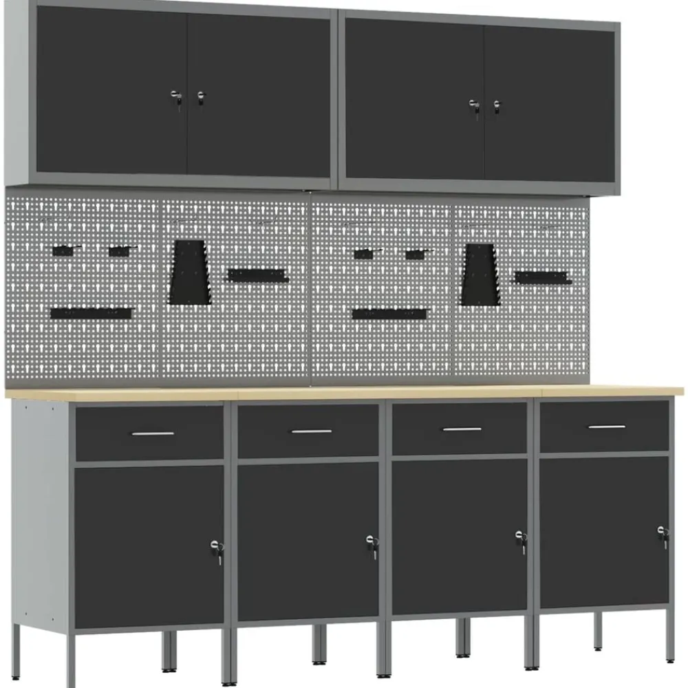 vidaXL Armario de trabajo 10 pcs Madera Ingenierizada y Acero Negro Hot