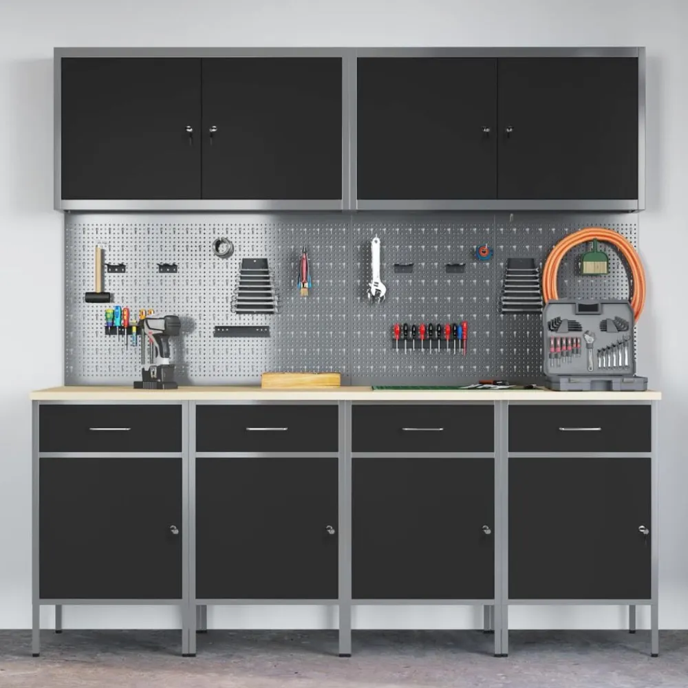 vidaXL Armario de trabajo 10 pcs Madera Ingenierizada y Acero Negro Hot