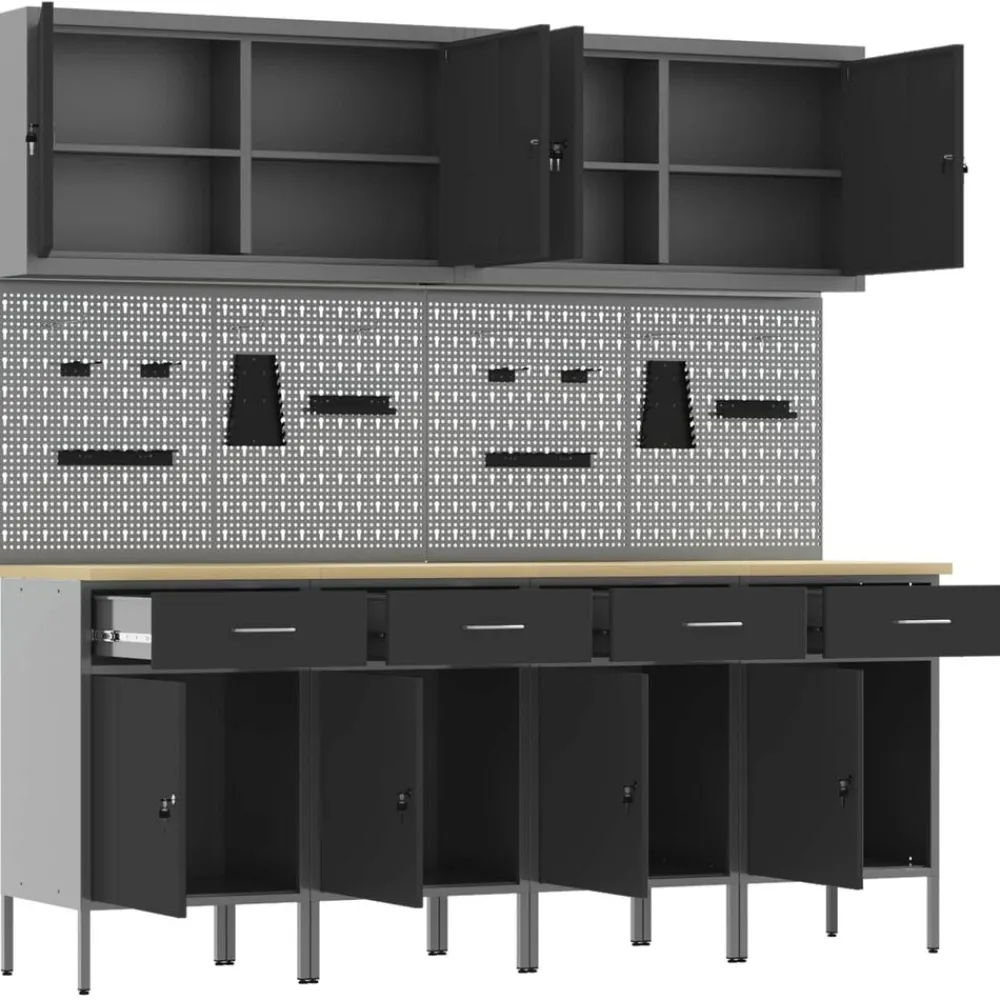 vidaXL Armario de trabajo 10 pcs Madera Ingenierizada y Acero Negro Hot
