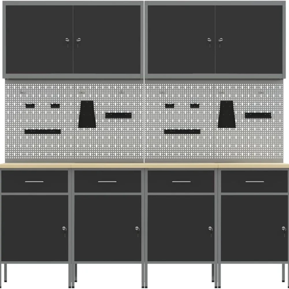 vidaXL Armario de trabajo 10 pcs Madera Ingenierizada y Acero Negro Hot