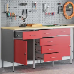 vidaXL Armario de trabajo con cajón 3 pcs y Gris 150 x 55 x 85 cm Rojo