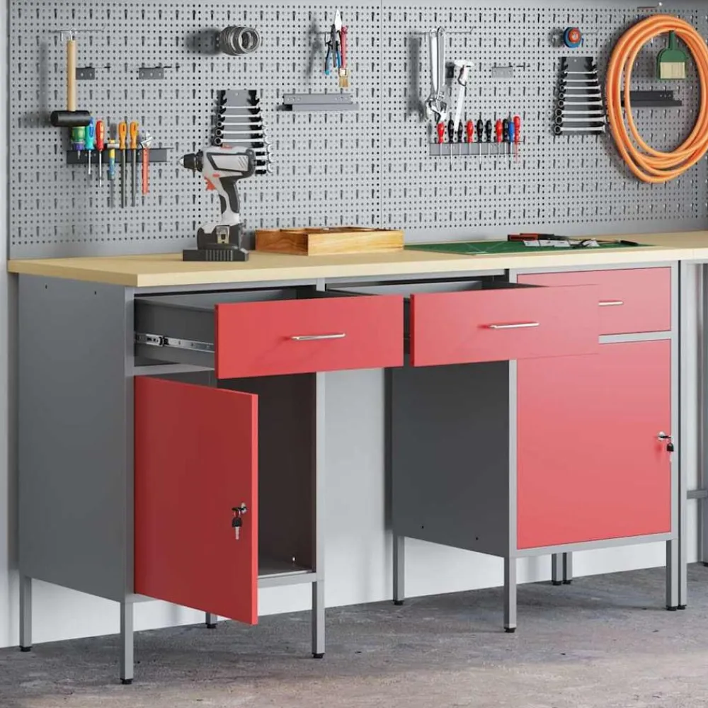 vidaXL Armario de trabajo 3 pcs Madera Ingenierizada y Acero Rojo Outlet