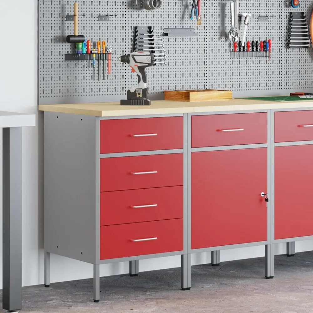 vidaXL Armario de trabajo con cajón 2 pcs y Gris 100 x 55 x 85 cm Rojo Online