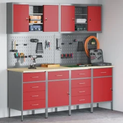 vidaXL Armario de trabajo 10 pcs Madera Ingenierizada y Acero Rojo New