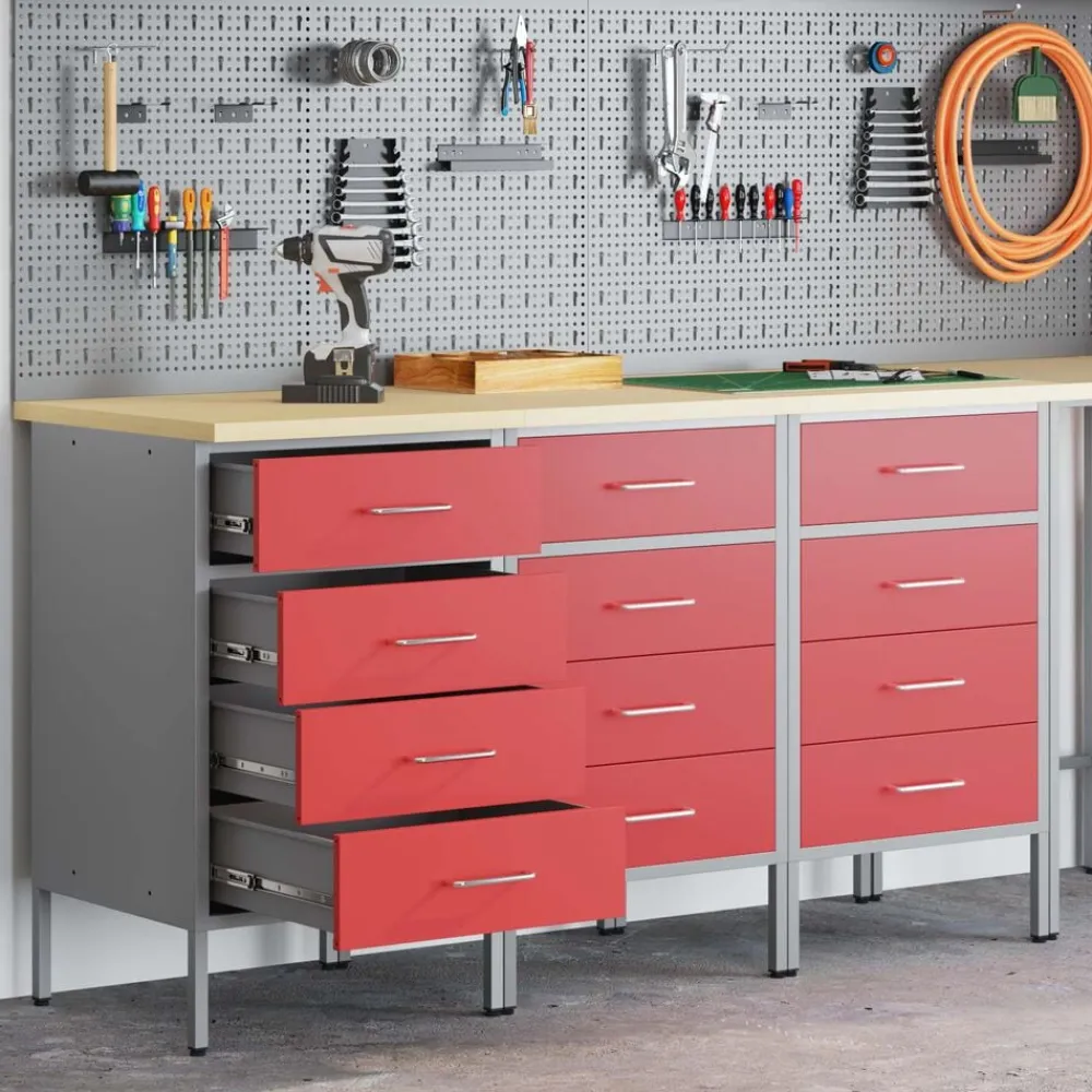 vidaXL Accesorios De Bricolaje-Armario de trabajo con cajón 3 pcs y Gris 150 x 55 x 85 cm