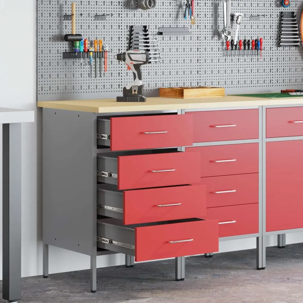 vidaXL Armario de trabajo con cajón 2 pcs y Gris 100 x 55 x 85 cm Rojo Best