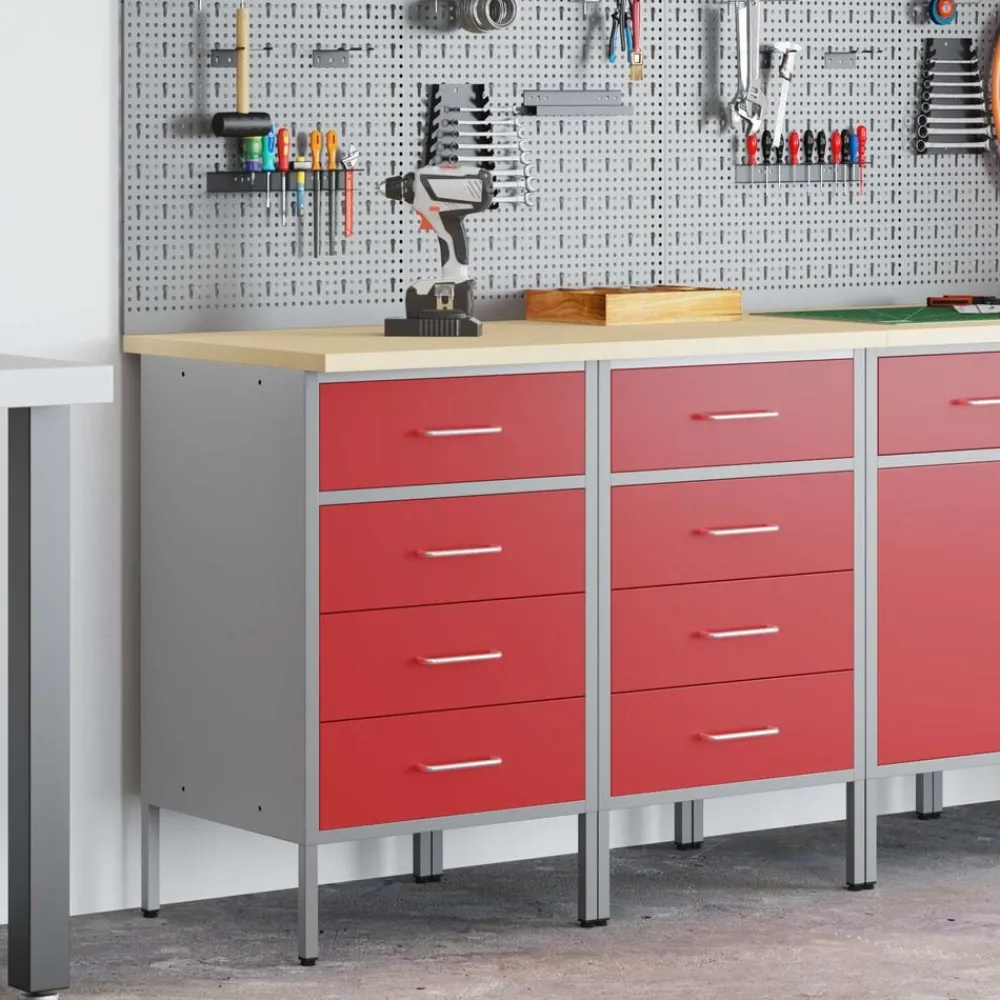 vidaXL Armario de trabajo con cajón 2 pcs y Gris 100 x 55 x 85 cm Rojo Best