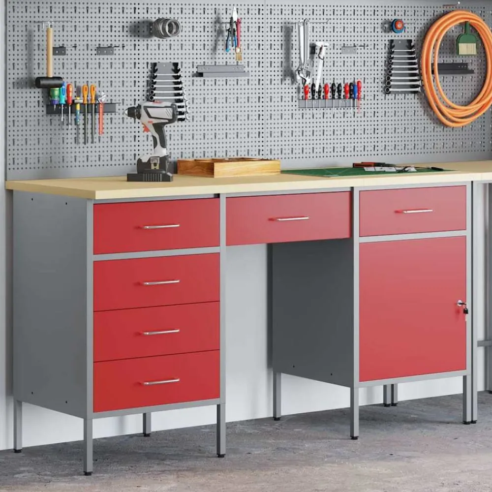 vidaXL Armario de trabajo 3 pcs Madera Ingenierizada y Acero Rojo Discount