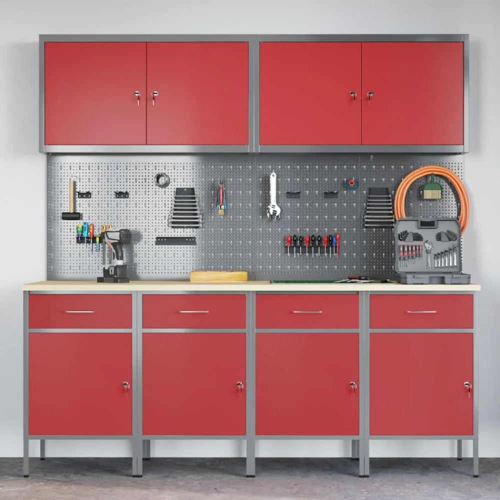 vidaXL Armario de trabajo 10 pcs Madera Ingenierizada y Acero Rojo Best