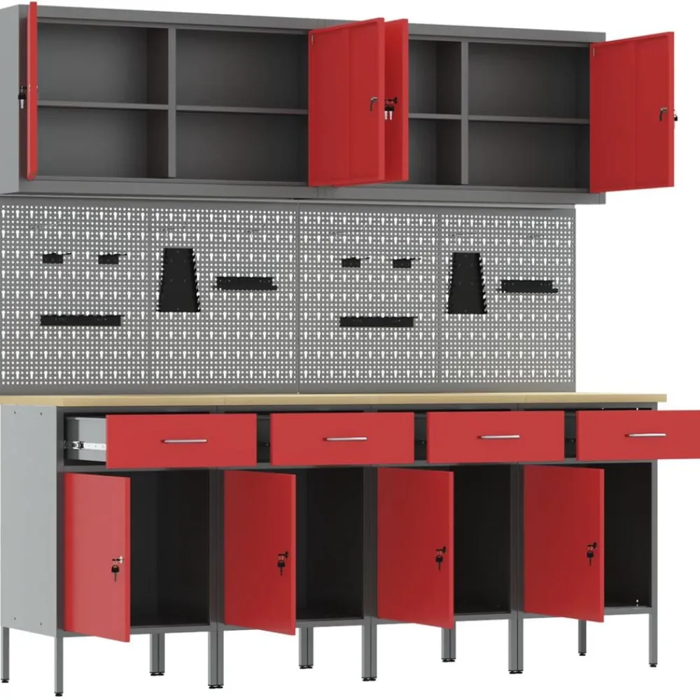 vidaXL Armario de trabajo 10 pcs Madera Ingenierizada y Acero Rojo Best