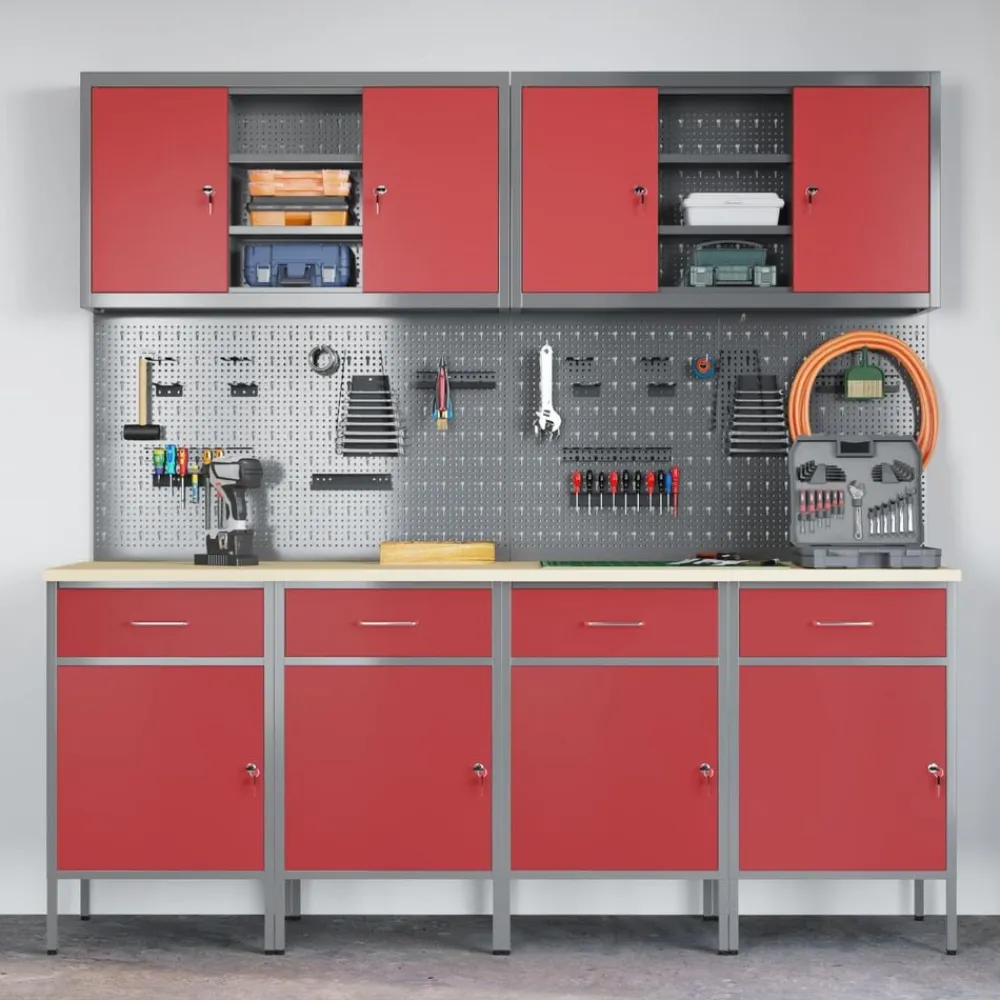 vidaXL Armario de trabajo 10 pcs Madera Ingenierizada y Acero Rojo Online