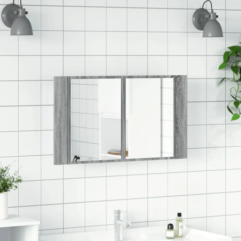 vidaXL Armario espejo de baño con luz LED acrílico gris 80x12x45 cm Gris sonoma
