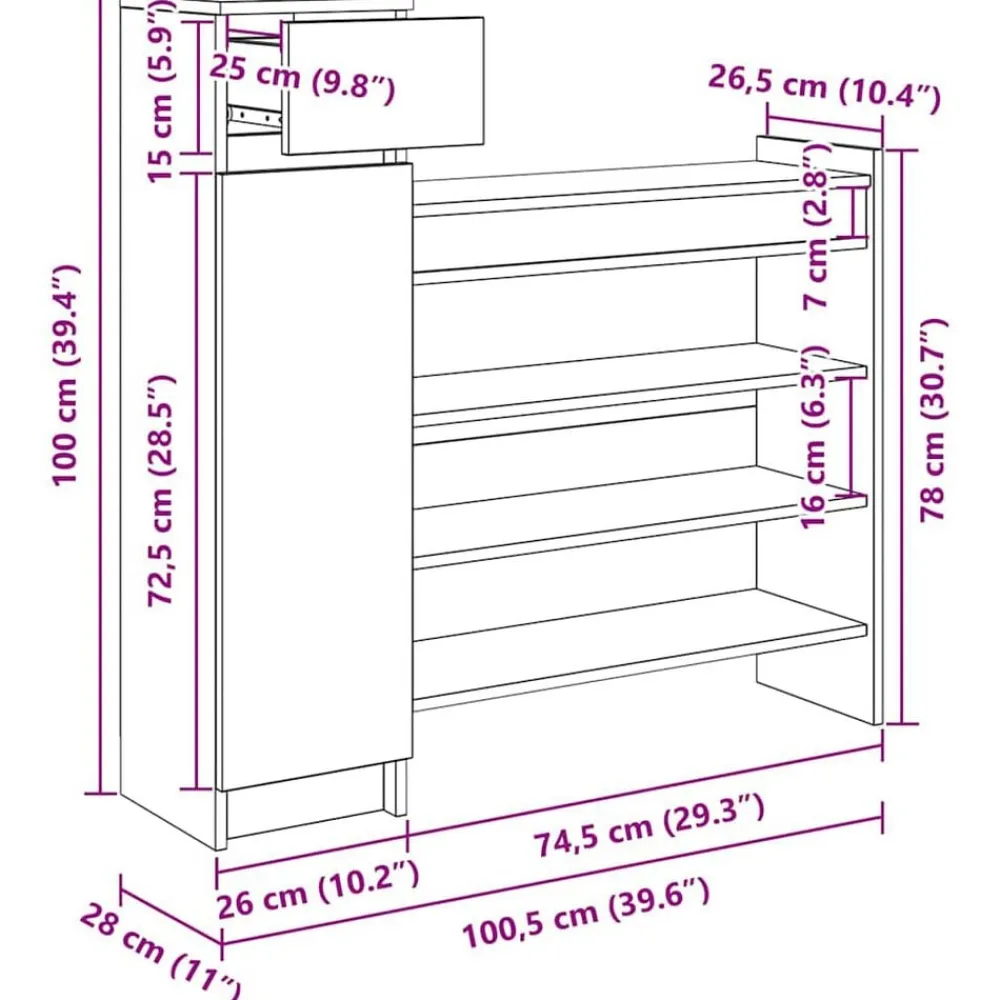 vidaXL Productos Del Hogar-Armario Zapatero con cajón Madera vieja 100,5 x 28 x 100 cm