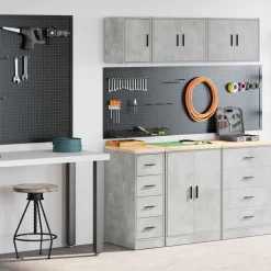 vidaXL Almacenamiento Industrial-Armarios 2 uds para garaje madera de ingeniería ris hormigón
