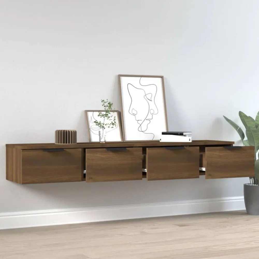 vidaXL Estanterías-Armarios de pared 2 uds contrachapada marrón roble 68x30x20 cm