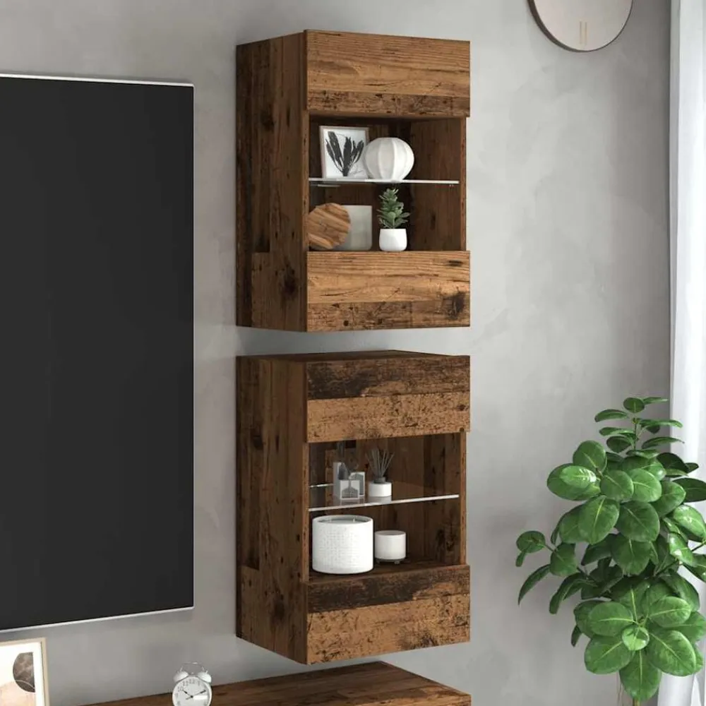 vidaXL Armarios de pared con luces LED para TV 2 uds envejecida 40x30x60,5cm Madera envejecida Online