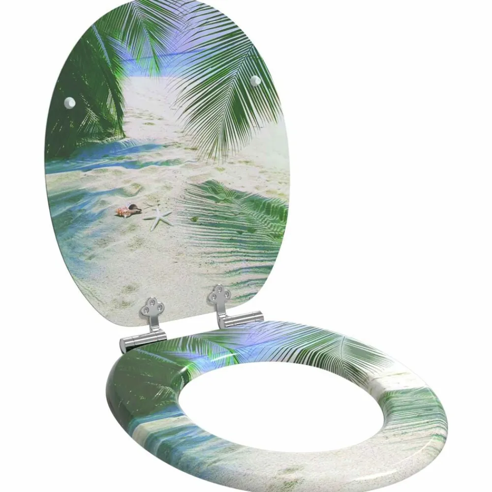 vidaXL Fontanería-Asiento de inodoro tapa cierre suave 2 uds MDF diseño de playa