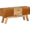 vidaXL Bancos-Banco Bok madera de mango piel de cabra auténtica marrón 107 cm