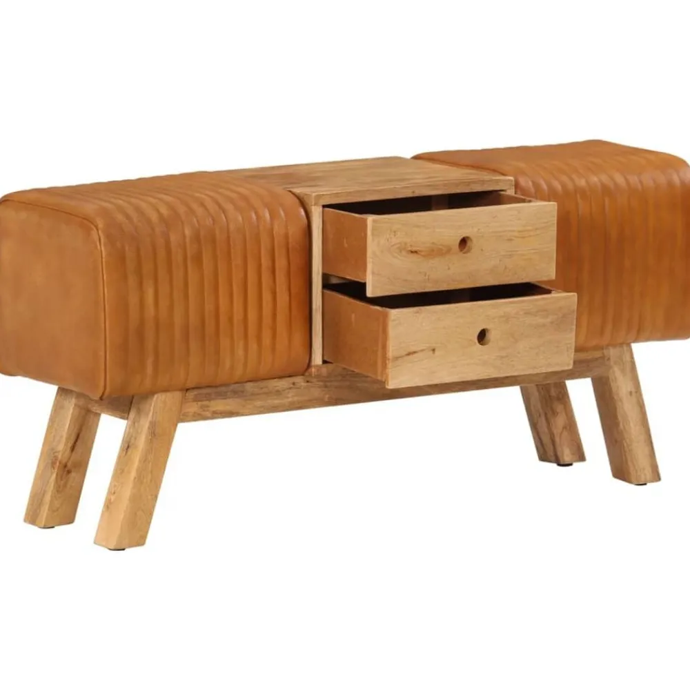 vidaXL Bancos-Banco Bok madera de mango piel de cabra auténtica marrón 107 cm