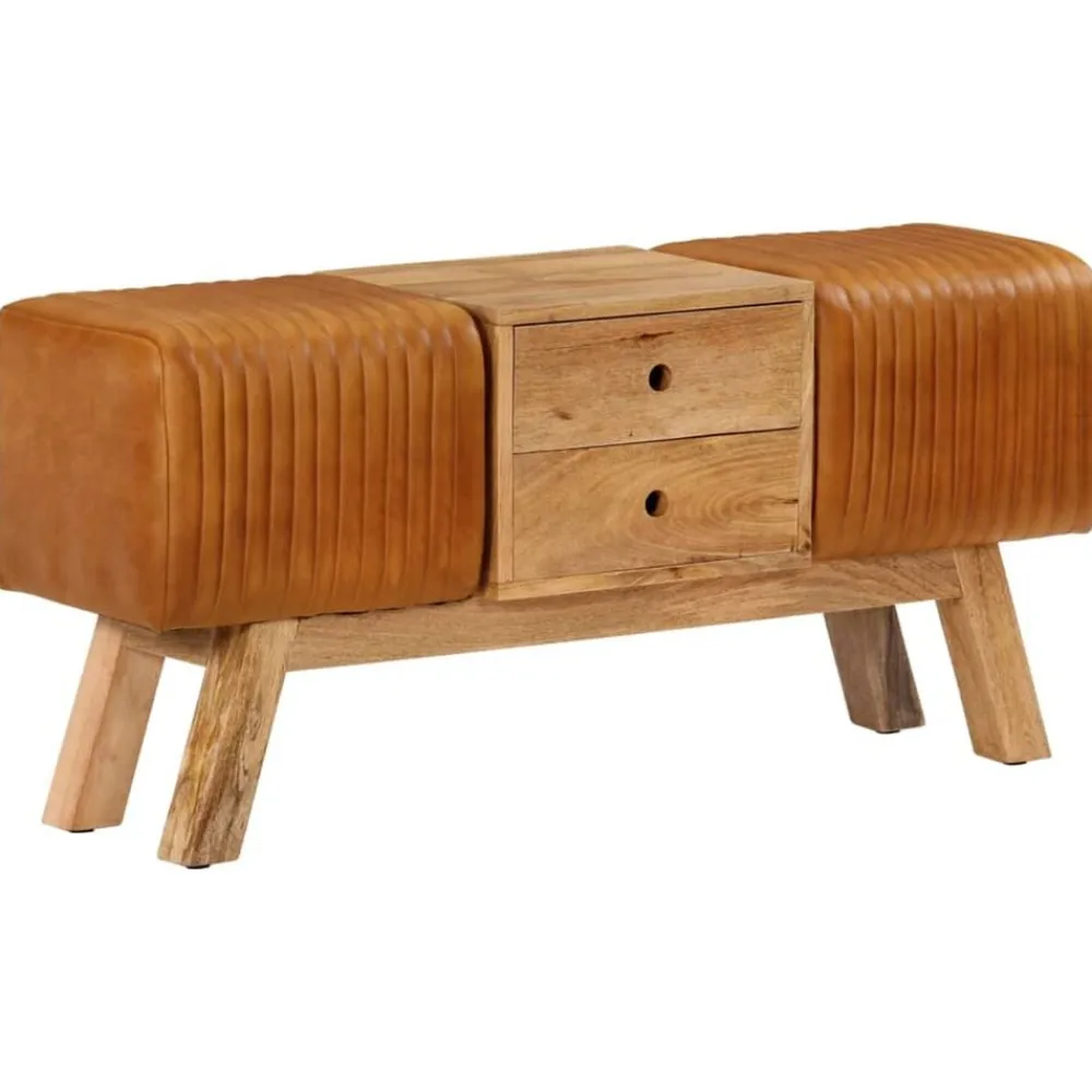 vidaXL Bancos-Banco Bok madera de mango piel de cabra auténtica marrón 107 cm
