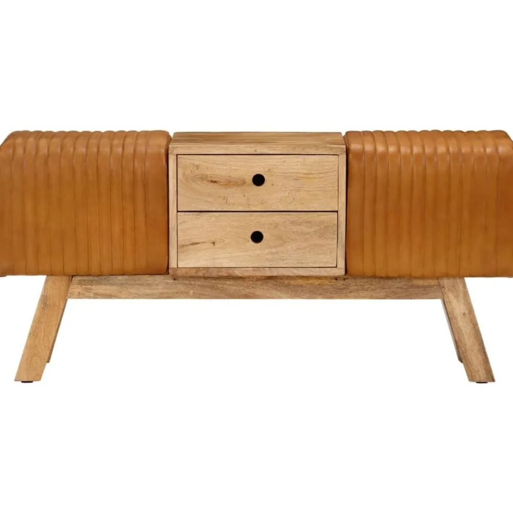 vidaXL Bancos-Banco Bok madera de mango piel de cabra auténtica marrón 107 cm