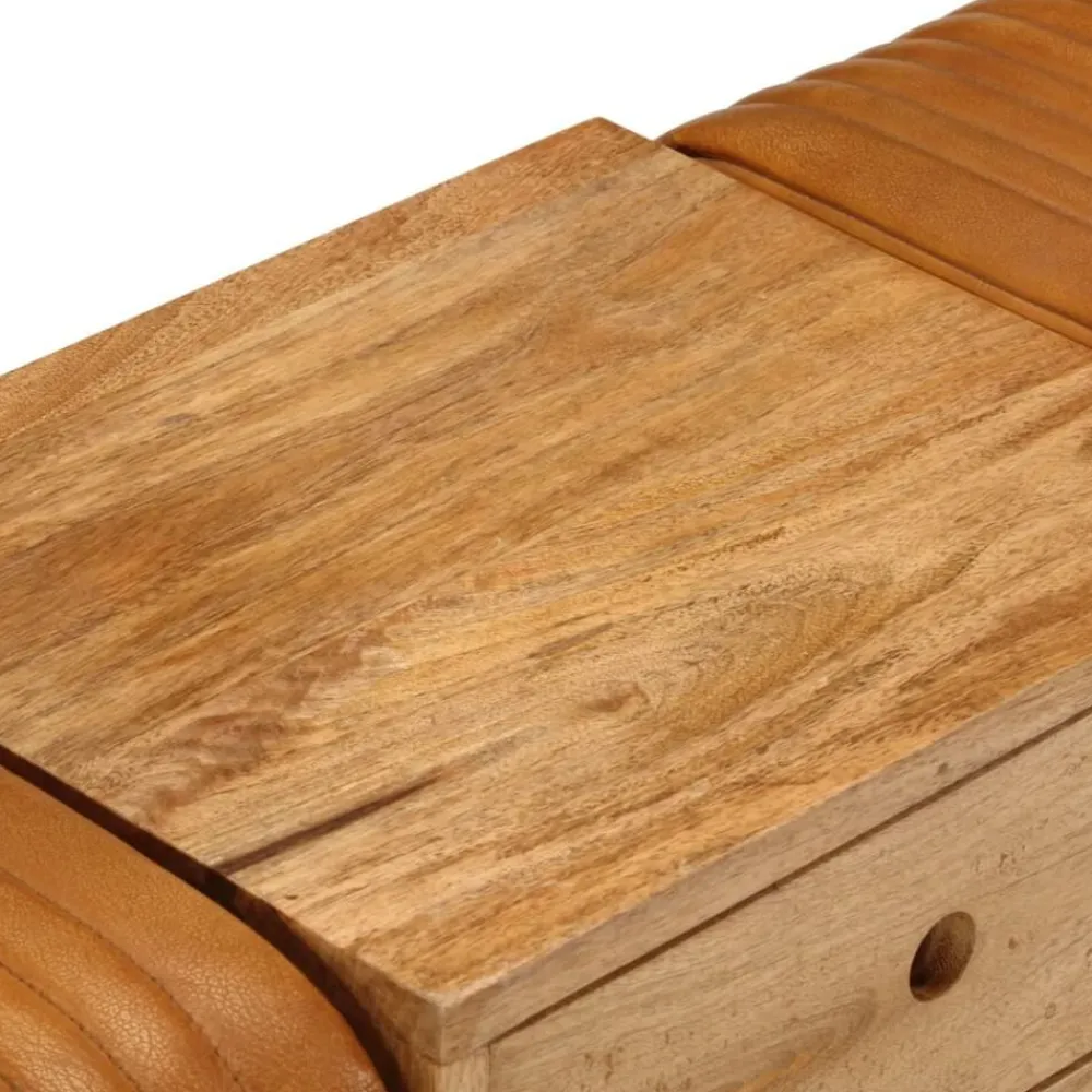 vidaXL Bancos-Banco Bok madera de mango piel de cabra auténtica marrón 107 cm