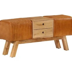 vidaXL Bancos-Banco Bok madera de mango piel de cabra auténtica marrón 107 cm