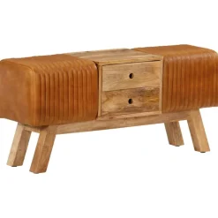 vidaXL Bancos-Banco Bok madera de mango piel de cabra auténtica marrón 107 cm
