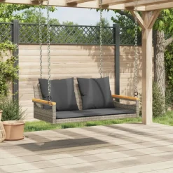 vidaXL Muebles De Jardín-Banco columpio con cojines ratán sintético gris 109x62x40 cm
