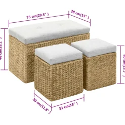 vidaXL Bancos-Banco con 2 otomanas de hierba marina