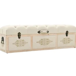 vidaXL Banco con almacenaje 110 cm madera maciza de abeto color crema y tela Clearance
