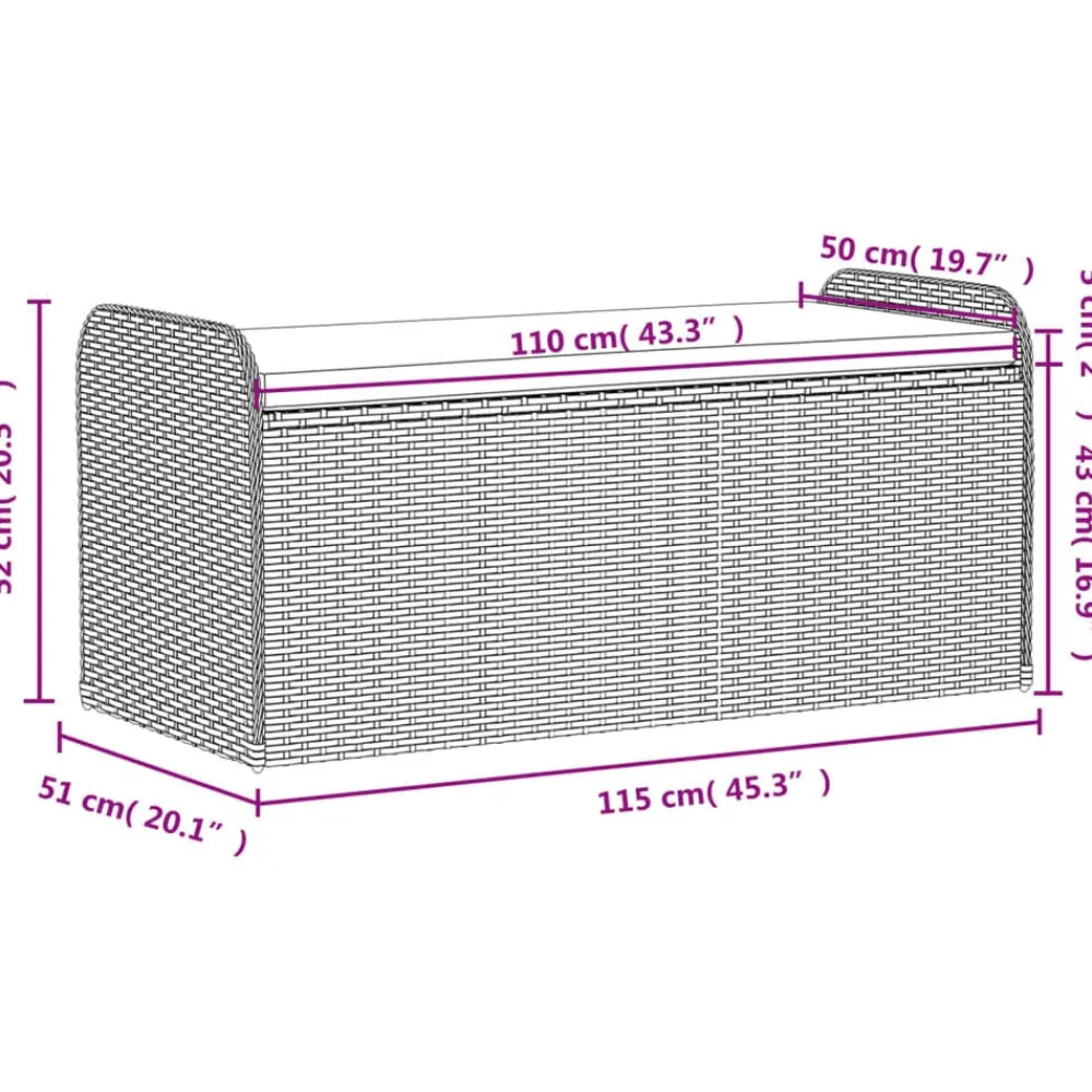 vidaXL Muebles De Jardín-Banco con almacenaje y cojín ratán sintético 115x51x52 cm