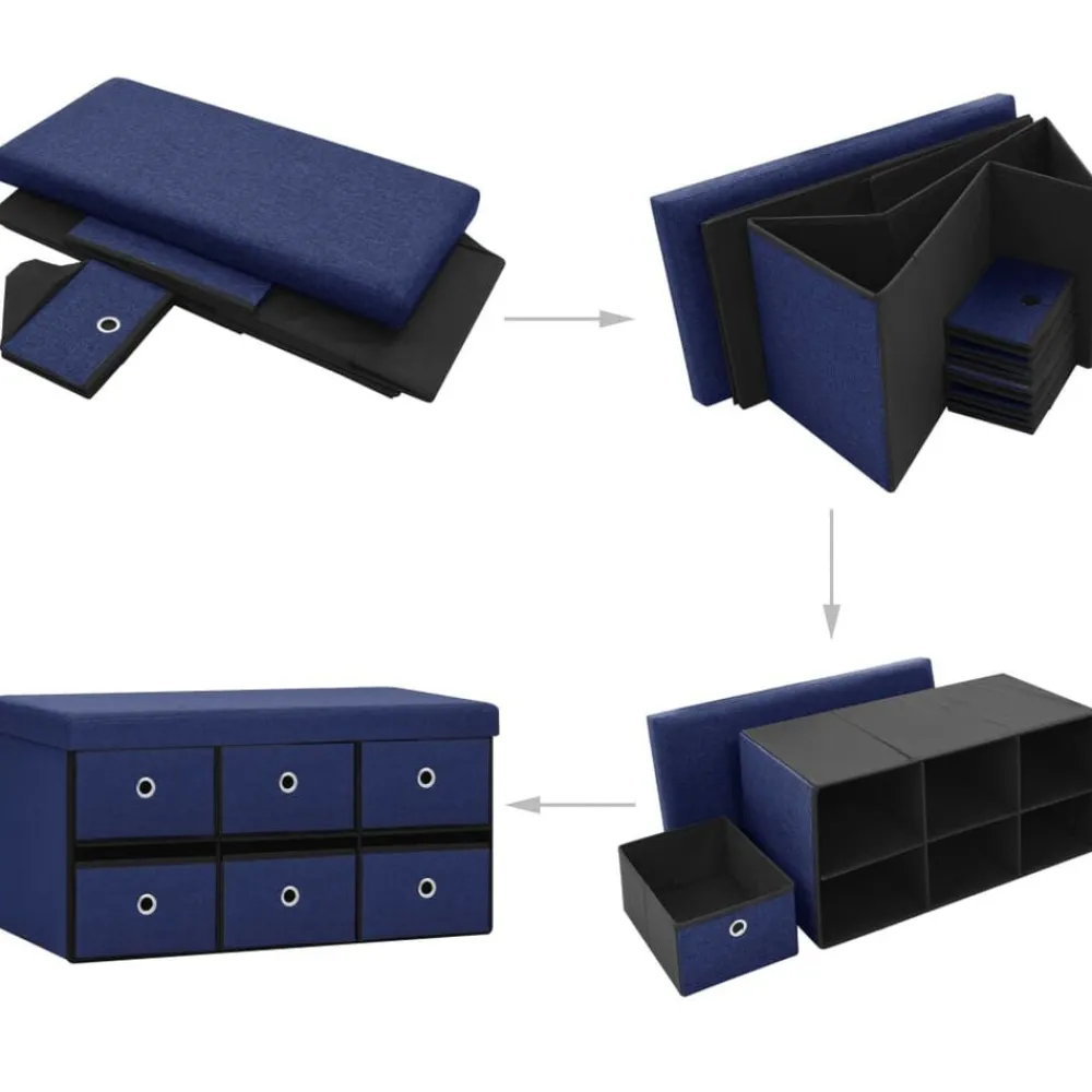 vidaXL Banco de almacenaje plegable lino sintético 76x38x38 cm Azul Discount