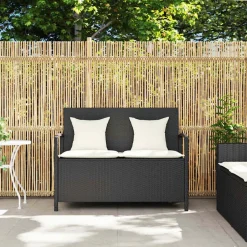 vidaXL Muebles De Jardín-Banco de almacenamiento jardín con cojín ratán sintético negro