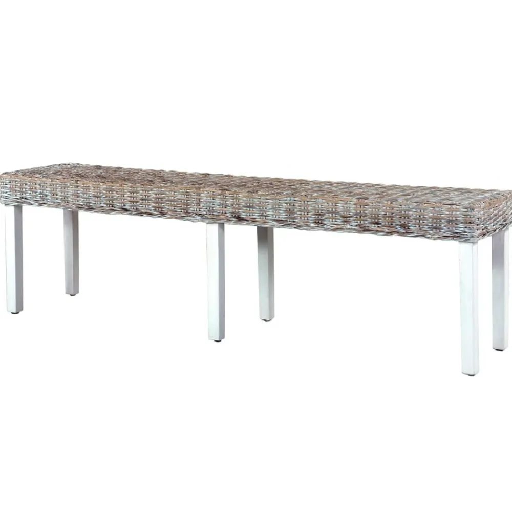 vidaXL Banco de ratán kubu y madera maciza de mango 160 cm Blanco New