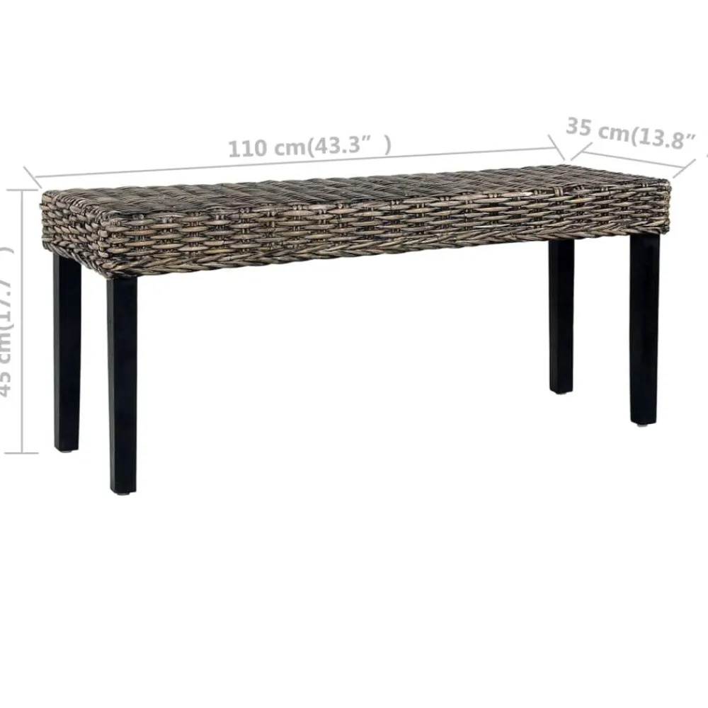 vidaXL Banco de ratán kubu y madera maciza de caoba 110 cm Negro Discount