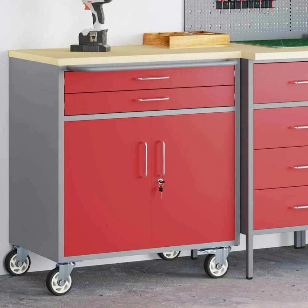 vidaXL Banco de Taller con cajón con rueda y Gris 75 x 45 x 85 cm Rojo Online