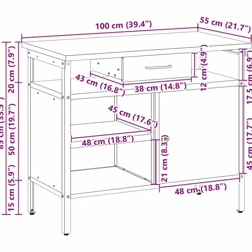 vidaXL Banco de trabajo con cajón y Gris 100 x 55 x 85 cm Negro Clearance