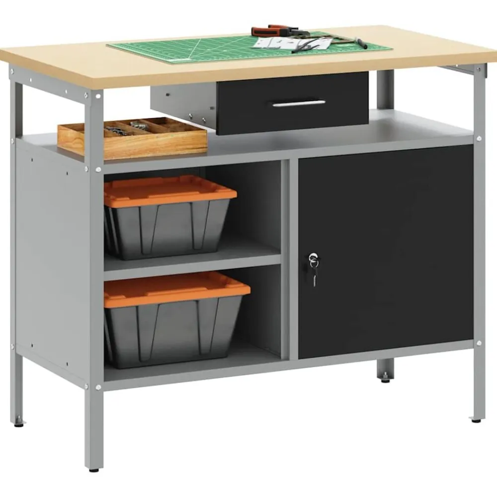 vidaXL Banco de trabajo con cajón y Gris 100 x 55 x 85 cm Negro Clearance