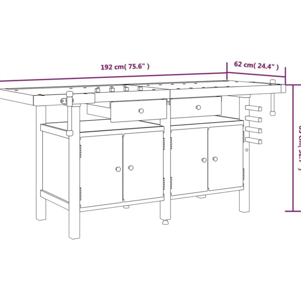 vidaXL Banco de trabajo cajones y tornillos banco madera 192x62x83 cm Outlet