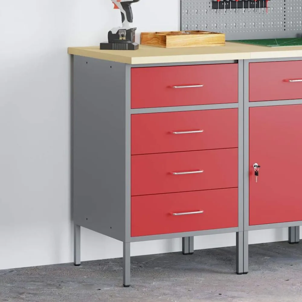 vidaXL Banco de trabajo con cajón y Gris 50 x 55 x 85 cm Rojo Outlet