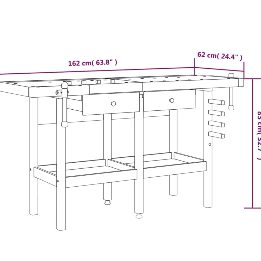 vidaXL Banco de trabajo cajones y tornillos banco madera 162x62x83 cm New