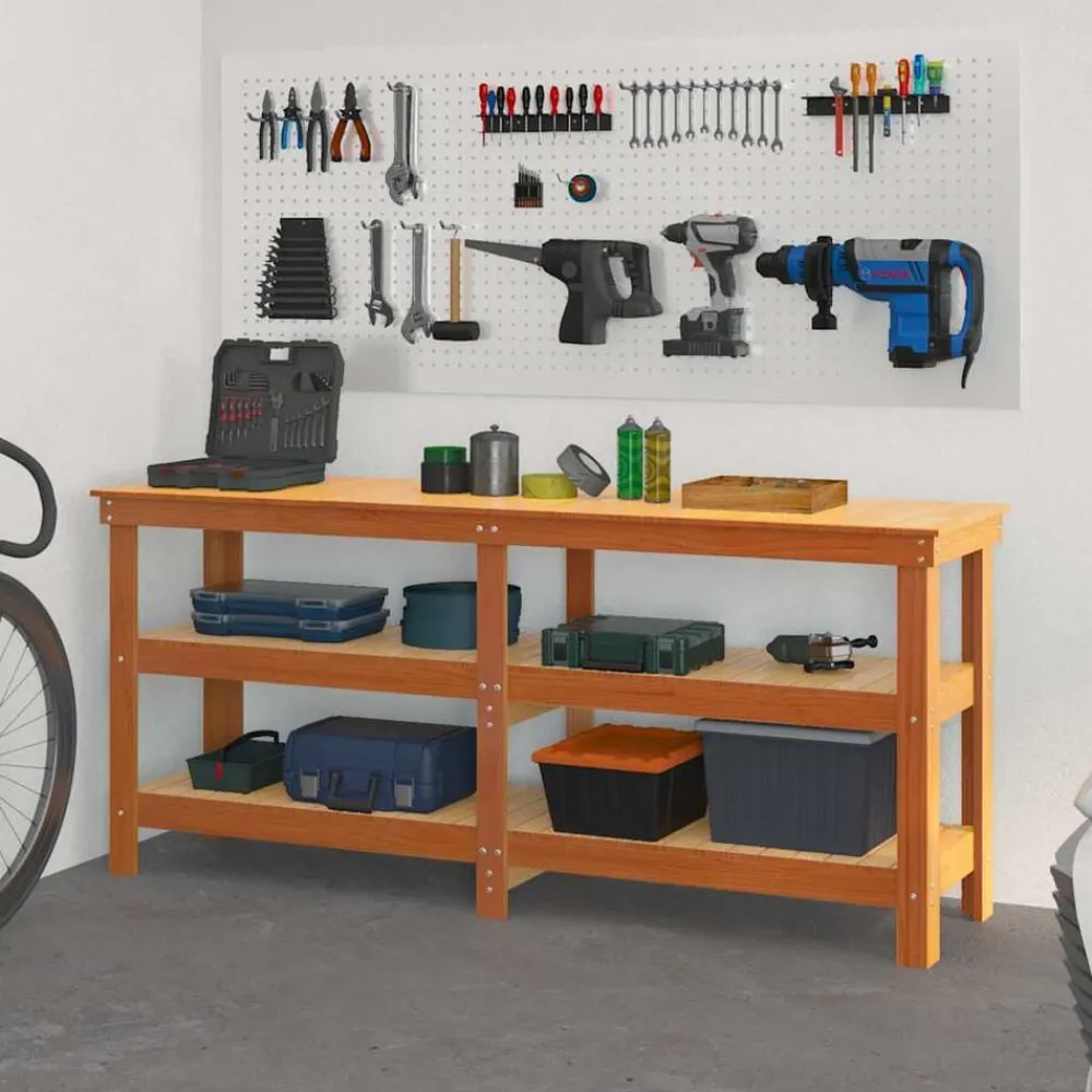 vidaXL Accesorios De Bricolaje-Banco de trabajo con estante Marrón cera 181.5 x 50 x 80 cm