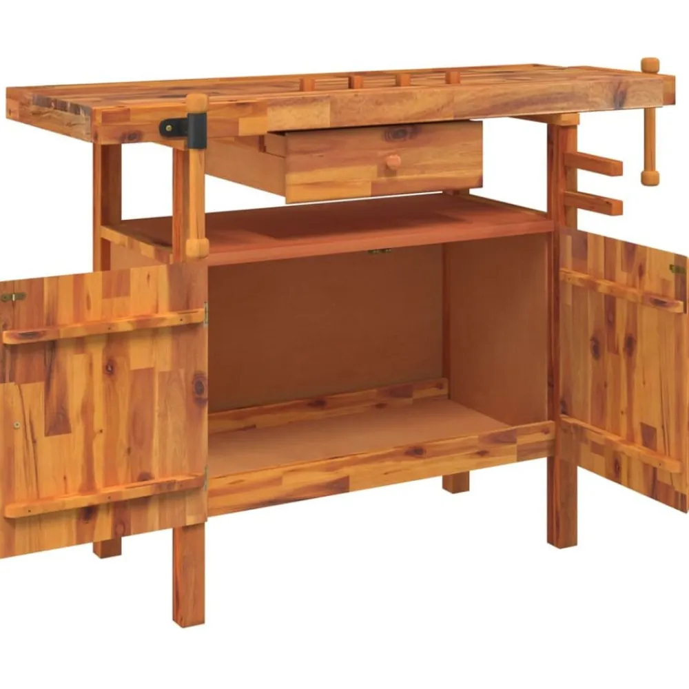 vidaXL Banco de trabajo con cajón y tornillos de banco 124x52x83 cm madera maciza de acacia Clearance