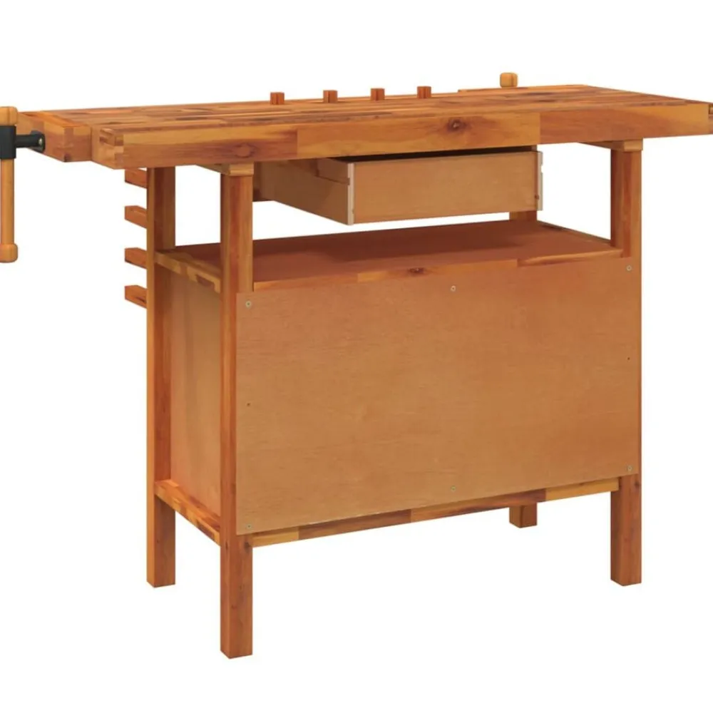 vidaXL Banco de trabajo con cajón y tornillos de banco 124x52x83 cm madera maciza de acacia Clearance