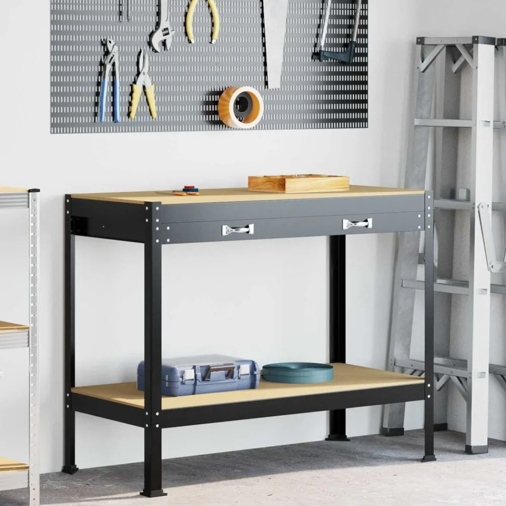 vidaXL Banco de trabajo con cajón con estante Negro 114 x 54 x 91 cm Sale
